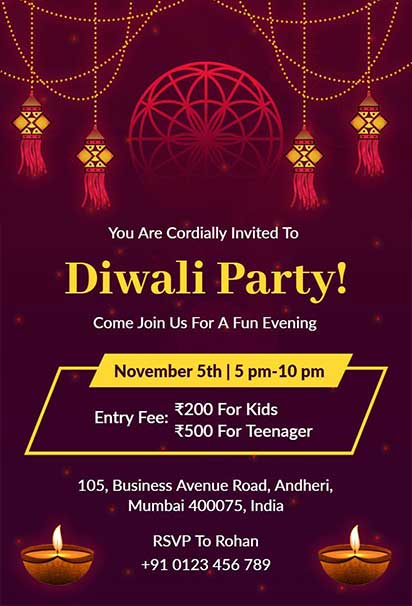 Festive Diwali Party Invitation Featuring Traditional Lanterns, Diyas, and Bright Colorful Decorative Elements