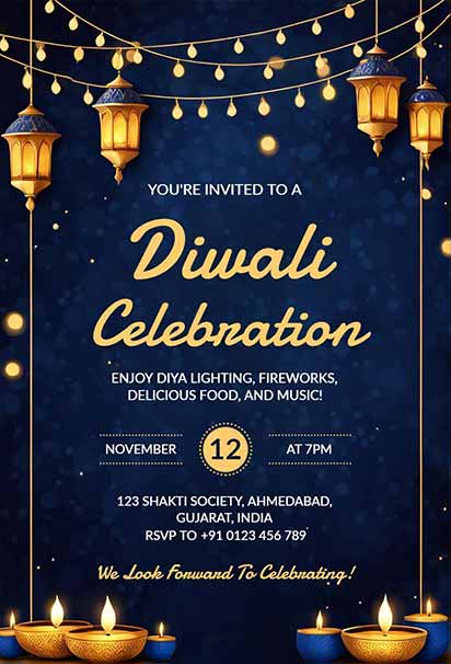 Festive Diwali Invitation Featuring Colorful Lanterns, Diyas, and Traditional Decorative Patterns