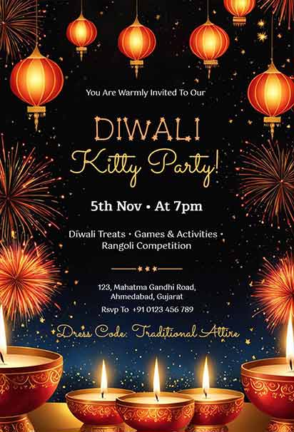 Festive Diwali Kitty Party Invitation Featuring Lanterns, Fireworks, and Colorful Decorative Accents