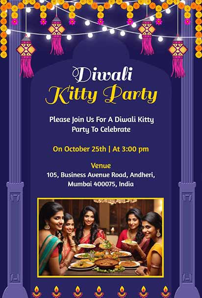 Festive Diwali Kitty Party Invitation Featuring Purple Lanterns, Diyas, and Colorful Decorative Patterns