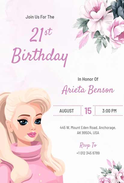 Pastel Pink Floral 21st Barbie Birthday Invitation With Doll For Arieta Benson
