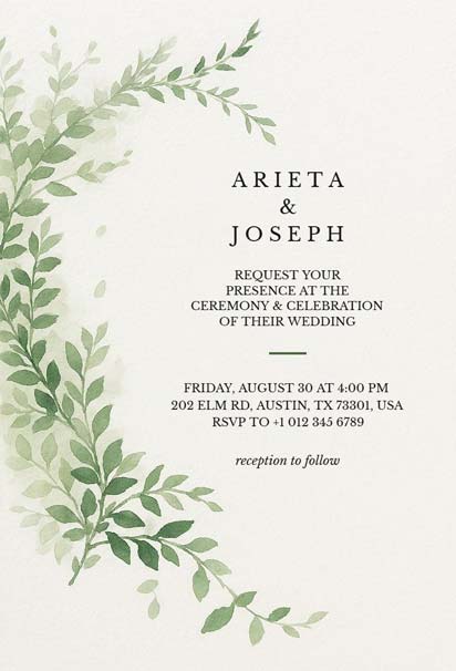 Elegant Wedding Invitation with Soft Green Foliage Border