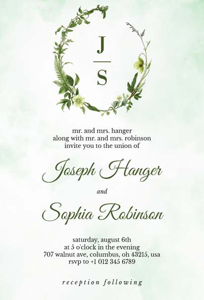 Elegant Wedding Invitation with Floral Wreath Monogram and Soft Green Watercolor Background