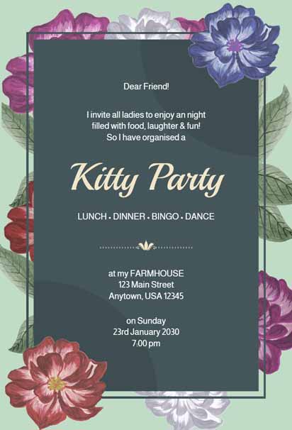 Green Kitty Party Invitation With Red, Purple, And White Floral Border
