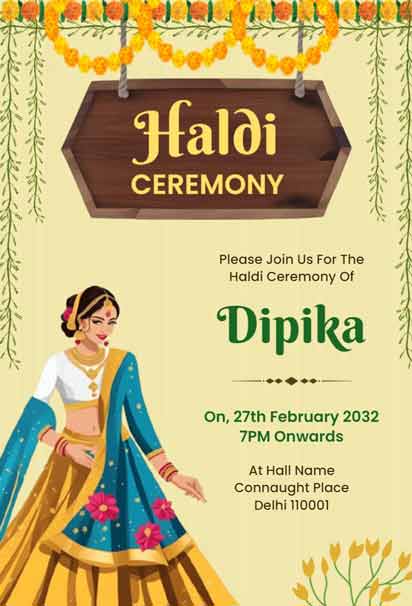 Elegant Yellow And White Haldi Ceremony Invitation With Delicate Rose Motifs And Ornamental Gold Accents