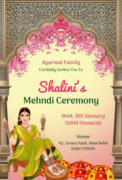 Elegant Mehndi Ceremony Invitation With Vibrant Floral Patterns And Traditional Motifs In Shades Of Green And Gold