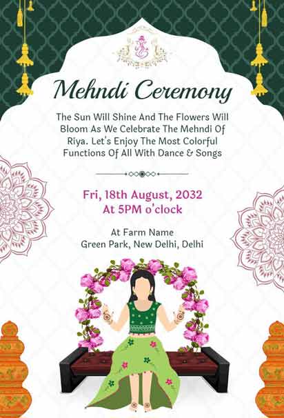Mehndi Ceremony Invitation With Green And White Theme, Featuring Delicate Floral Motifs And Elegant Typography