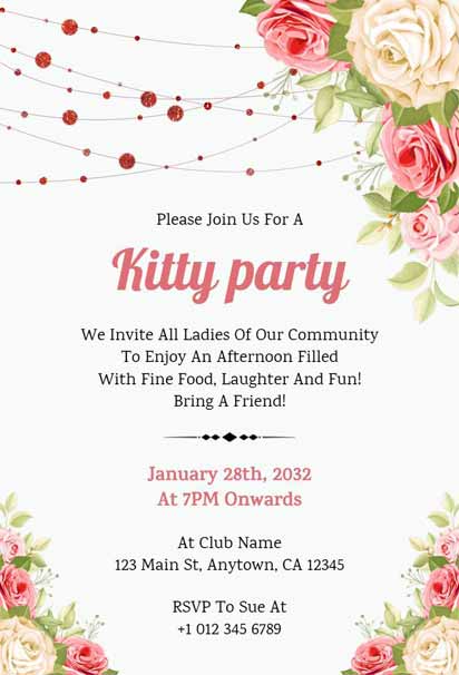 Pink And White Kitty Party Invitation With Roses and Red Decorative Dots