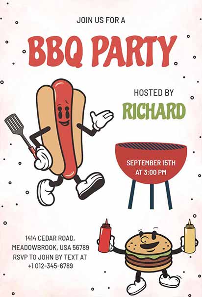 Fun Cartoon-Style BBQ Party Invitation with Playful Illustrations and Bright, Cheerful Colors