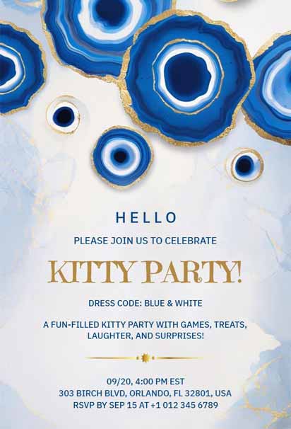 Blue And White Kitty Party Invitation With Geode Pattern And Fluid Marble Accents
