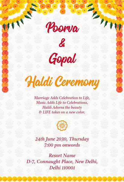 Golden-Yellow Haldi Ceremony Invitation With White Roses, Green Leaf Accents, Ornate Borders