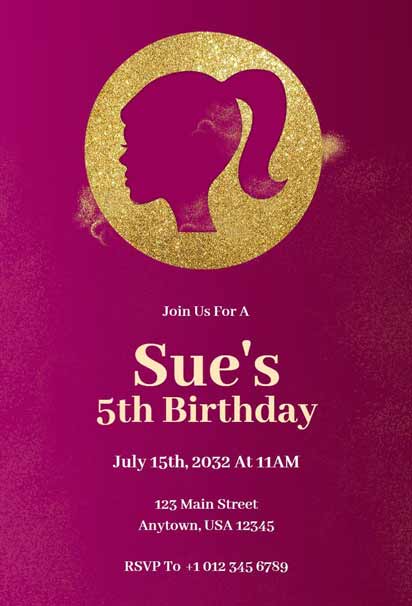 Pink And Gold Barbie Birthday Invitation For Sue's 5th Birthday With Glitter Accents