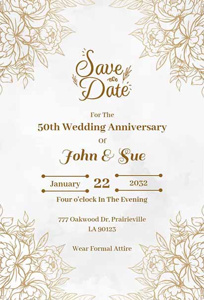 Elegant Save the Date Invitation With Golden Floral Accents and Sophisticated Wedding Anniversary Design