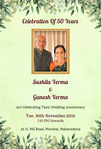 Golden Jubilee Wedding Anniversary Invitation With Greenery Accents and Elegant Gold Details