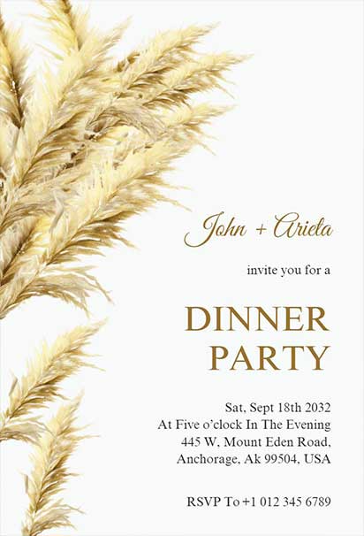 Boho Chic Dinner Party Invitation with Golden Pampas Grass Accents