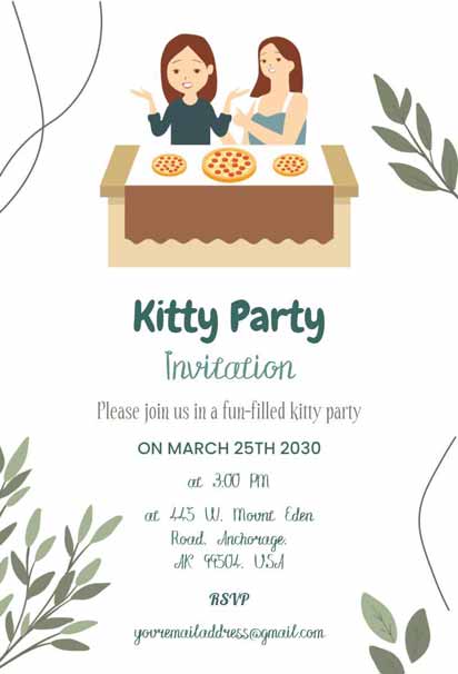 Grey Minimalist Kitty Party Invitation With Green Leafy Border