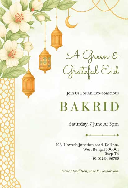Eco-Conscious Bakrid Invitation Featuring Floral Elements, Hanging Lanterns, and Soft Green Tones