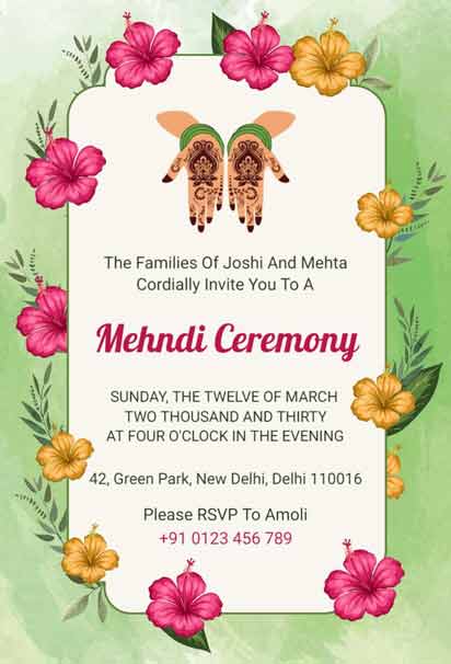 Mehndi Ceremony Invitation With Pink And Yellow Floral Motifs, Green Leaves, And Henna-Patterned Hands