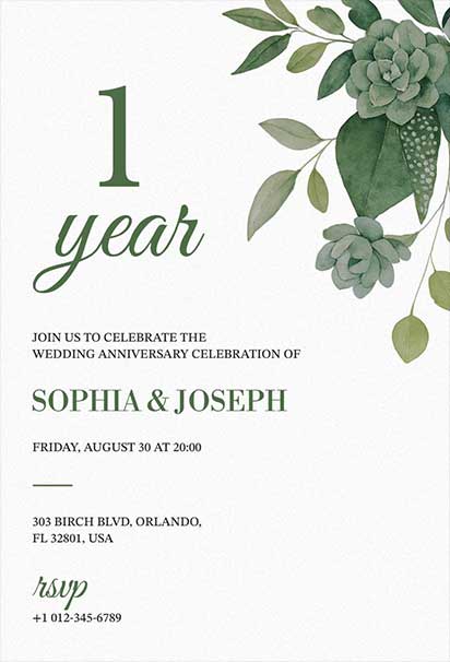 Minimalist Wedding Anniversary Invitation With Green Floral Accents and Clean Elegant Layout