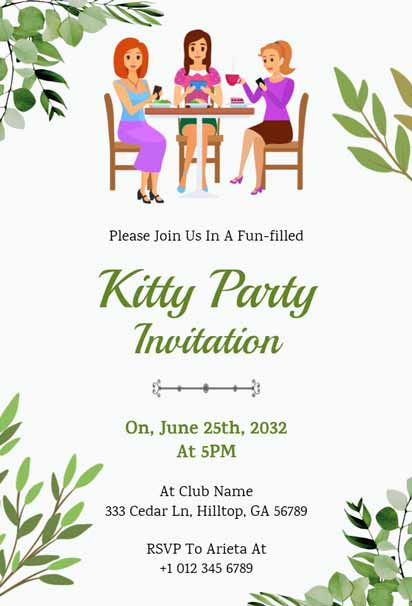 White Simple Kitty Party Invitation with Green Leaf Border