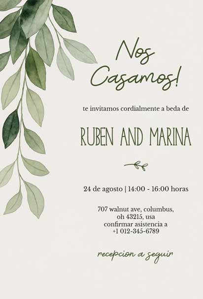 Soft Ivory Spanish Wedding Invitation With Lush Green Leaves And Gold Accents