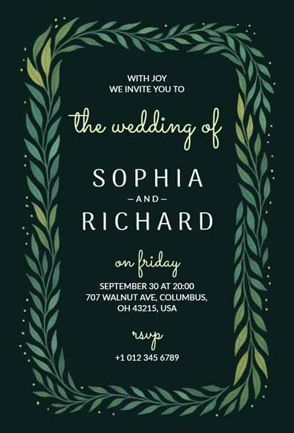 Dark Green Wedding Invitation with Leafy Border