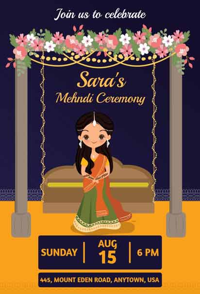 Sara's Mehndi Ceremony Invitation Featuring Lush Floral Garlands, A Vibrant Yellow And Green Palette