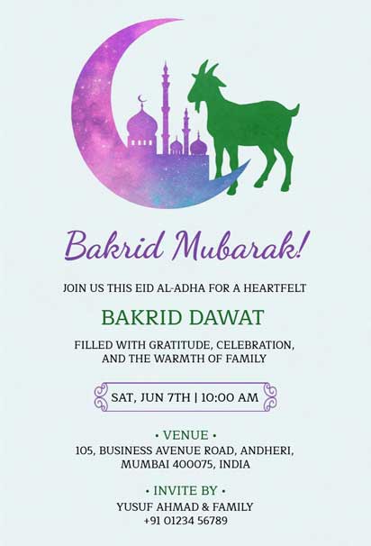 Bakrid Dawat Invitation Featuring Crescent Moon, Mosque Silhouette, and Green Goat Illustration
