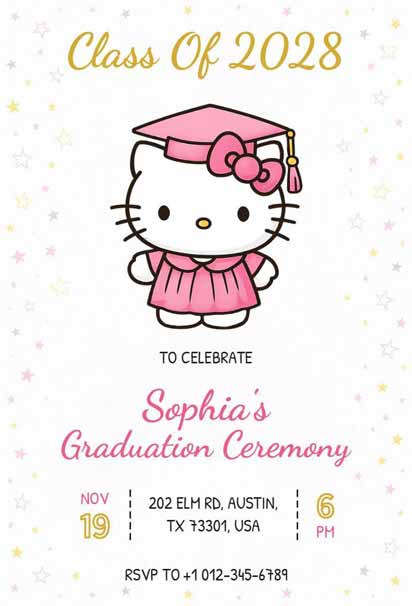 Pink, Gold, And White Hello Kitty Graduation Ceremony Invitation With Bow And Stars