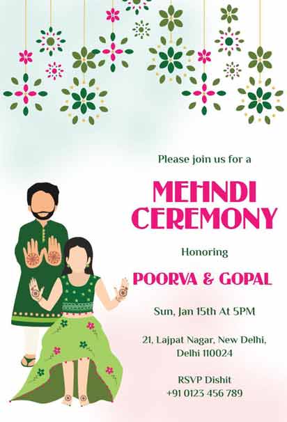 Mehndi Ceremony Invitation With Green And Pink Floral Patterns, Featuring A Couple In Traditional Attire