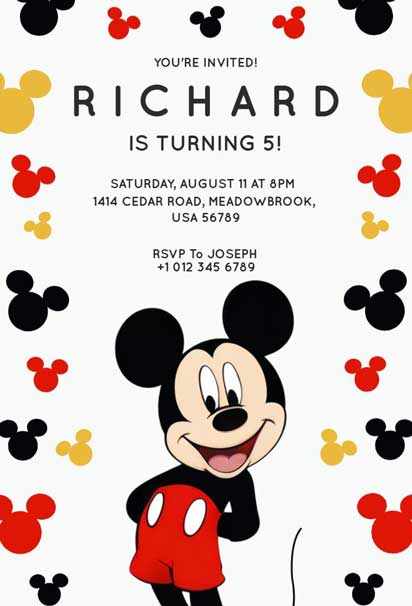 Cheerful Mickey Mouse Birthday Invitation with Red, Black, and Yellow Mouse Ear Pattern