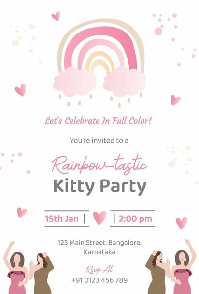 Rainbow-Themed Kitty Party Invitation With Pink Hearts and Floating Clouds