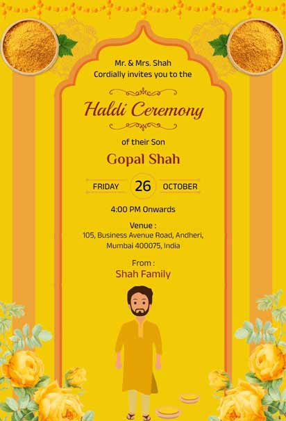 Bright Mustard Yellow Haldi Ceremony Invitation With White Lotus Motifs, Gold Borders, And Green Leaf Accents
