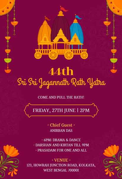Elegant Sri Sri Jagannath Rath Yatra Invitation With Traditional Artwork And Festival Highlights