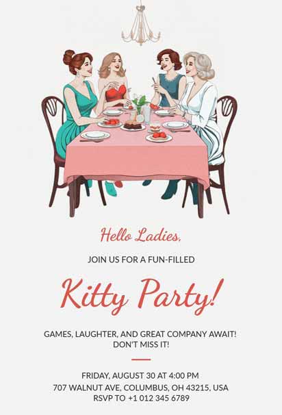Pastel Color Kitty Party Invitation with Four Women Enjoying Food And Drinks