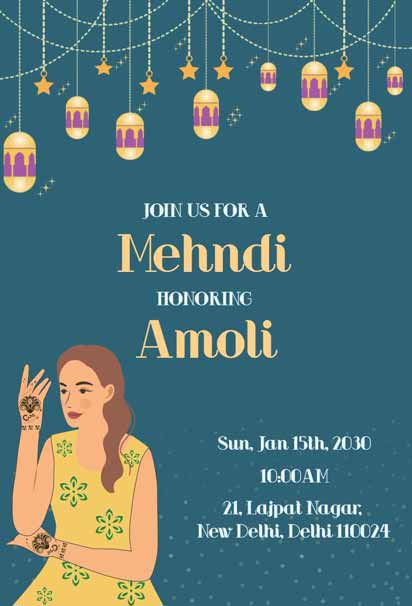 Mehndi Ceremony Invitation With Hanging Lanterns And Stars On A Deep Blue Background, Celebrating Amoli