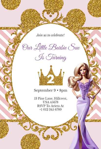 Pink And Gold Polka Dot 2nd Barbie Birthday Invitation With Doll And Crown For Sue
