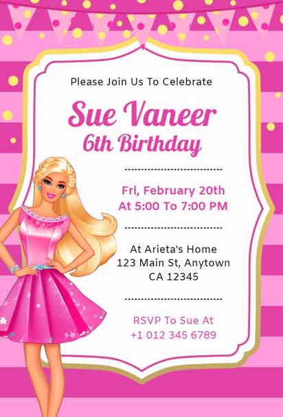 Pink And Yellow Striped 6th Barbie Birthday Invitation With Doll For Sue Vaneer