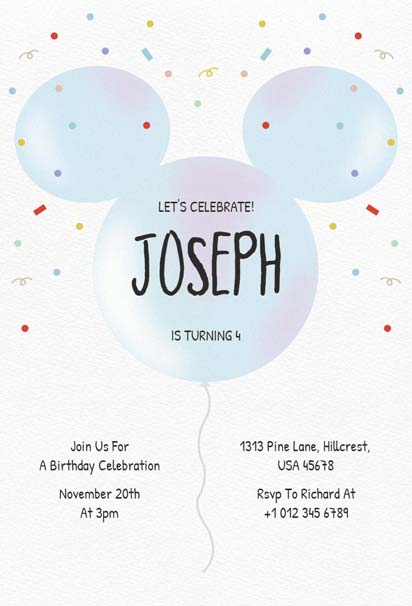 Minimalist Mickey Mouse Balloon Birthday Invitation with Pastel Blue, Red, and White Confetti