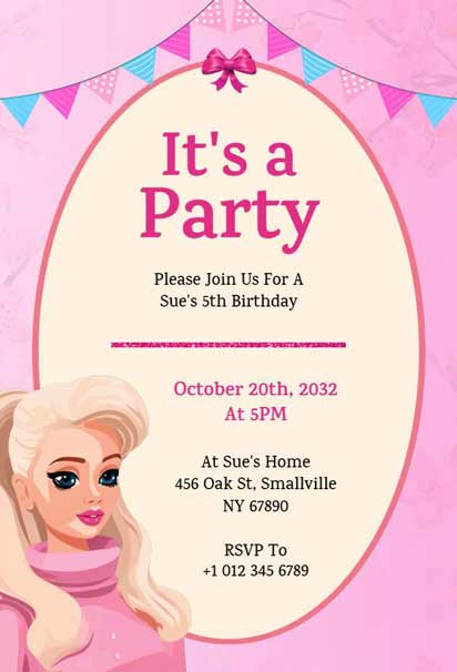 Pink Barbie 5th Birthday Party Invitation With Bunting And Bow For Sue