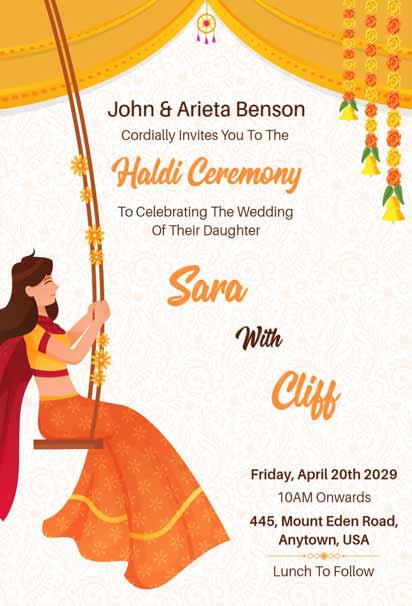 Golden-Yellow Haldi Ceremony Invitation With White Roses, Green Leaves, Ornate Borders, And Elegant Motifs