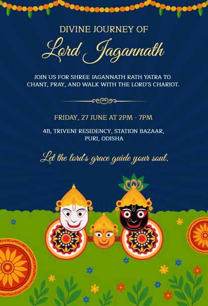 Divine Journey Of Lord Jagannath Invitation With Vibrant Deity Illustrations And Event Details