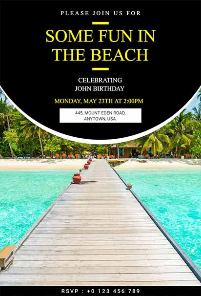 Elegant Tropical Resort Beach Party invitation Design With Gold Accents, Palm Trees, and Luxe Vibes