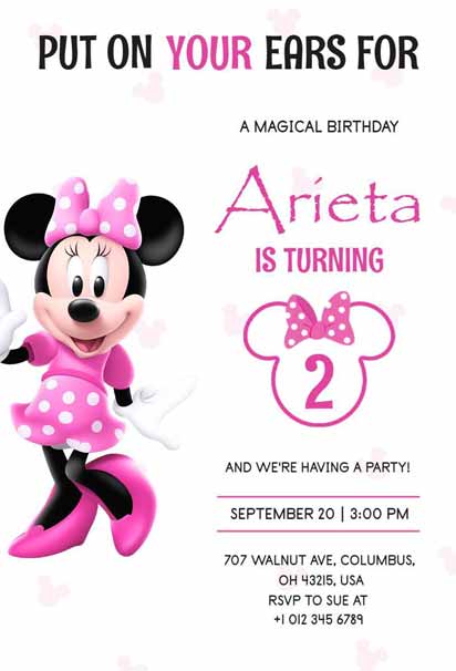 Pink and White Minnie Mouse Second Birthday Invitation with Large Bow and Heart Elements