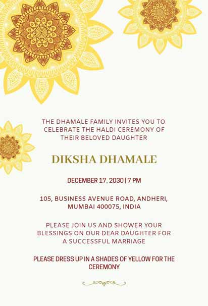 Honey-Toned Haldi Ceremony Invitation With White Marigold Motifs And Delicate Green Vine Accents