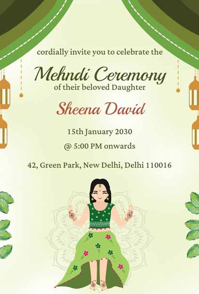 Mehndi Ceremony Invitation With A Green And Gold Theme, Featuring Lanterns, Leaf Motifs, And A Woman In Traditional Attire