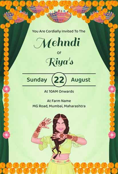 Mehndi Ceremony Invitation With Vibrant Green And Yellow Palette, Adorned With Intricate Floral Motifs