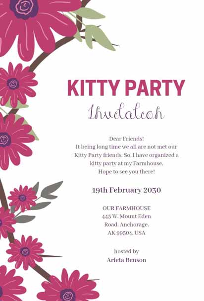 Pink Floral Kitty Party Invitation with Green Leaf Borders