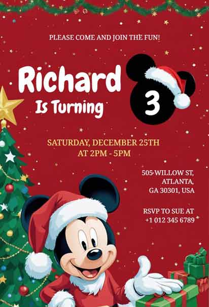 Festive Mickey Mouse Christmas Birthday Invitation with Red Background and Green Garland