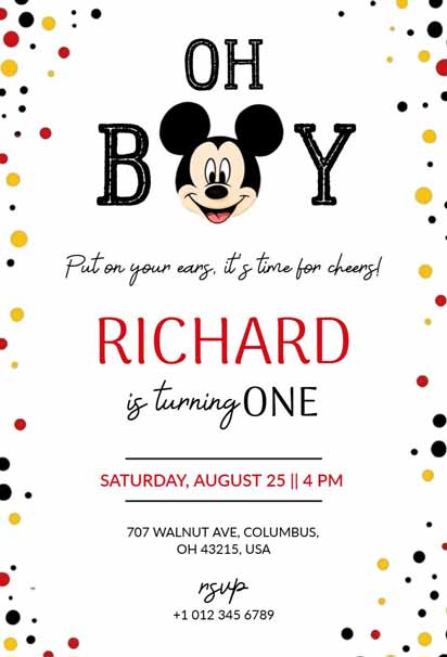 Festive Mickey Mouse Birthday Invitation with Red, Black, and Yellow Polka Dot Border